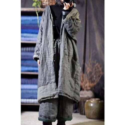 Women Linen Patchwork Thin Padded Coat Outerwear Parkas Ladies Vintage Washed Flax Spliced Long Coat Parkas Female Topcoat