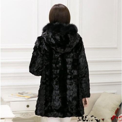 Natural Real Mink Pieces Fur Women Coat Hooded With Fox Fur Collar Oversize