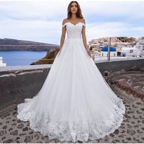 Fanweimei Wedding Dress 2021 Elegant A-line Chapel Train Lace Appliques Sexy Off the Shoulder Backless Bridal Gowns