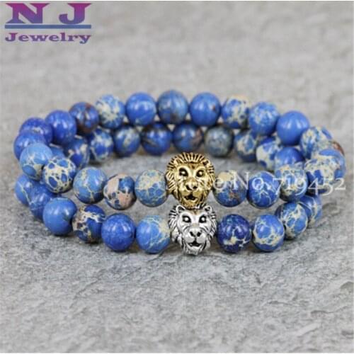 10pcs of 8mm Blue Sea Sediment Stone Bead with Antique and Gold Lion Bracelet,2015 New Design High Grade Mens Jewelry