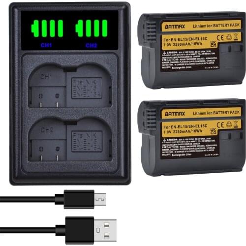 2280mAh EN-EL15C EL15C EN EL15 Battery + LED Charger for Nikon D500, D610, D750, D800, D810, D850, D7000, D7100, D7500, Z5, Z6
