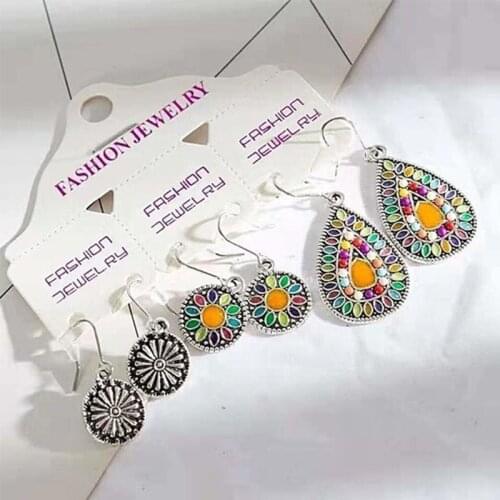 Bohemia Bride Earrings Set Vintage Ethnic Color Enamal Flower Wedding Water Drop Earrings for Women Girls Statement Jewelry