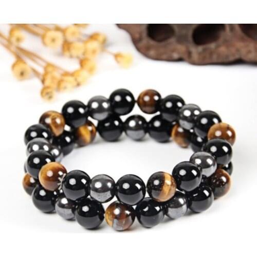 Men Women Tiger Eye Stone Bracelet for Bring Luck and Prosperity Hematite Black Obsidian Triple Protection Bracelets