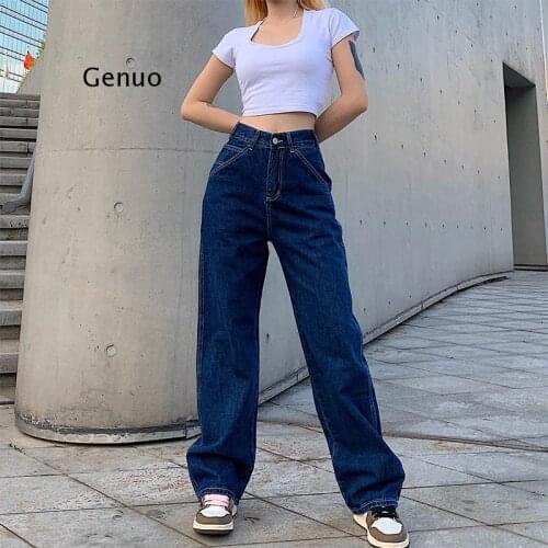 Streetwear Straight High Waist Denim Pants Solid Pockets Fashion Jeans Casual Wide Leg Pants Women Mujer Pantalones