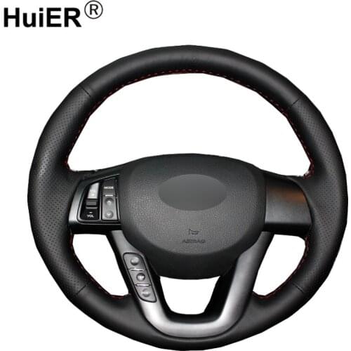 HuiER Hand Sewing Car Steering Wheel Cover Wear-resistant Black Leather For Kia K5 2011-2013 Kia Optima Auto Steering-Wheel