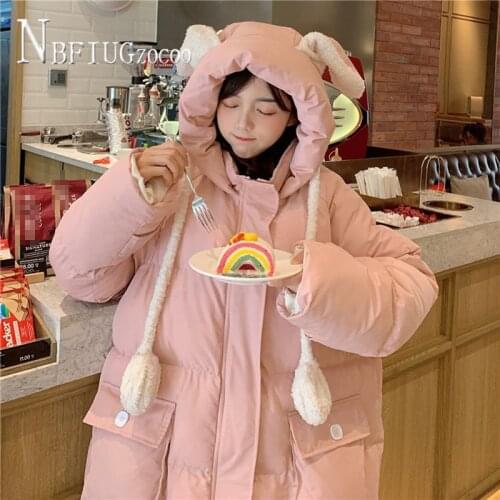 Kawaii Ear Hooded Drawstring Women Parkas Pink Apricot Green Warm Female Jacket