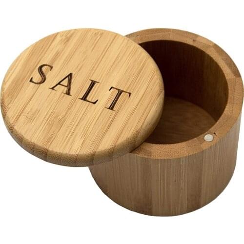 Salt Box, Bamboo Storage Box with Magnetic Swivel Lid, "Salt" Engraved on Lid Salt Storage Box for Keeping Table Salt