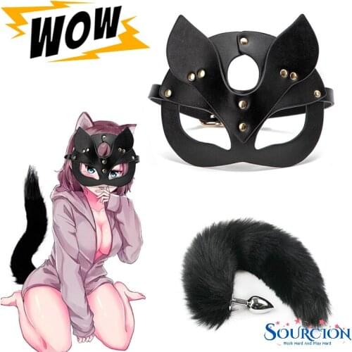 Sourcion Cosplay Fox Mask Tail Anal Plug Metal Anus Bead Butt Plug Half Cat Mask Party Sexy Adult Stimulator Sex Toys for Women