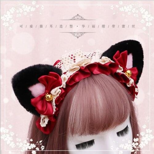 Japanese girl cute cat girl Lolita hair accessories plush cat ear Lolita headdress lace ribbon headband headdress