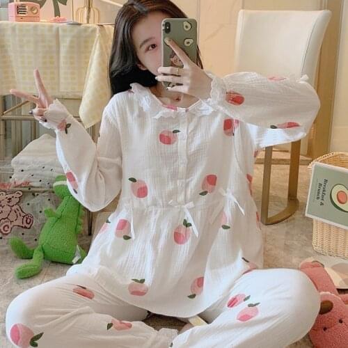 Maternity Nightwear Korean Pregnant Clothing Thin Cotton Breastfeeding SleepwearPrenatal + Postnatal Pyjamas Homewear Set