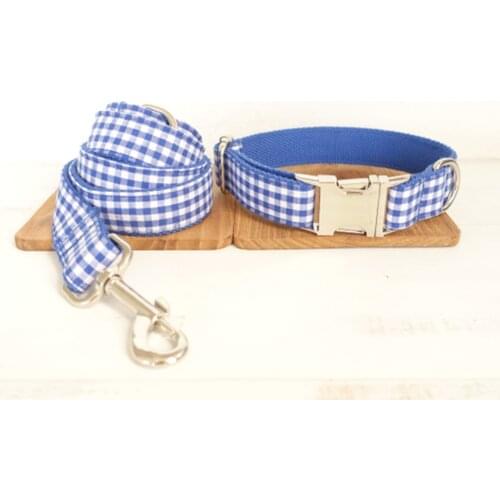 Customized Dog Collar Engraved Puppy ID Tag Leash Collar Set Adjustable Outdoor Plaid Pet Collar Leash Fabric BLUE YUMMY PLAID