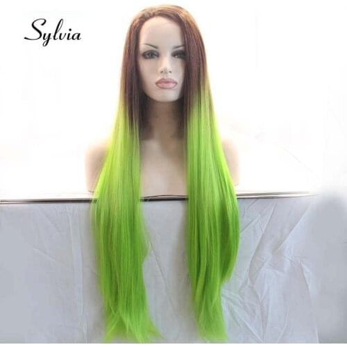 Sylvia Brown Ombre Green Synthetic Lace Front Wigs For Women Hair Long Silky Straight Wigs Heat Resistant Fiber Long Wigs