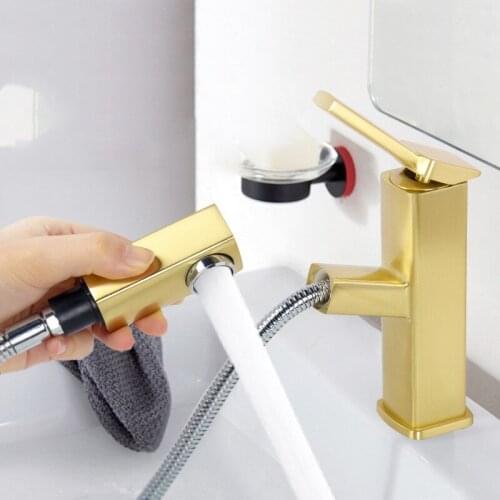 Luxury gold brass bathroom sink faucet pull out cold and hot water mixer basin faucet top quality copper tap