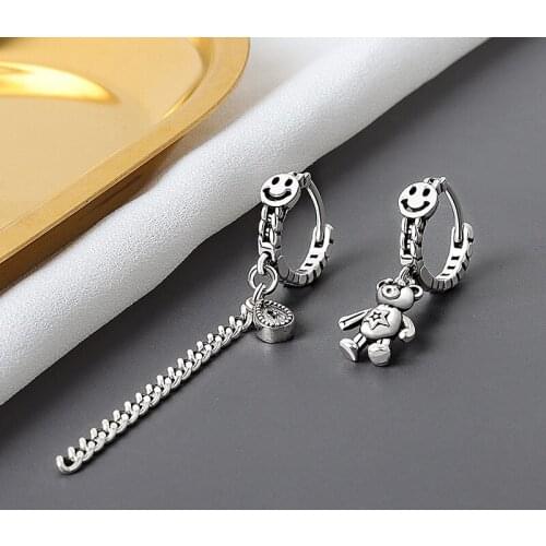 925 Sterling Silver Tassel Piercing Asymmetry Bear Round Bead Hoop Earring For Women Party Wedding Earing Jewelry eh460