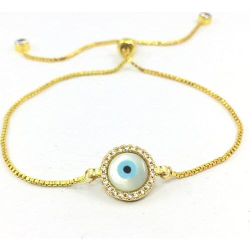 Gold-color Round Shell Evil Eye Hamsa Fatima Hand Charms for Women Adjustable Bracelets CZ jewelry