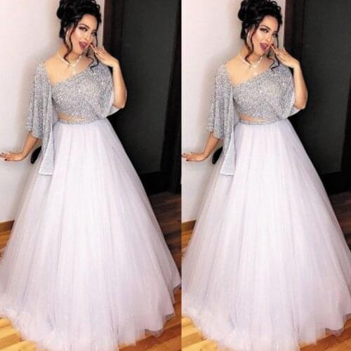 SuperKimJo Vestido Arabic Prom Dress Ball Gown Sparkly Beaded Silver Luxury Prom Gown Vestidos De Fiesta De Noche