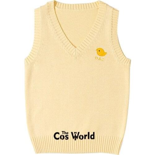 XS-XXL Spring Autumn Yellow Chick Sleeveless Knit Vests Pullovers V Neck Sweaters For JK School Uniform Student Clothes