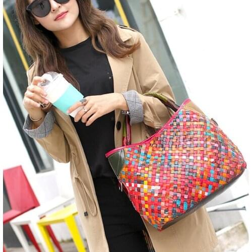 San Maries Women Designer Genuine Leather Totes Ladies Handbag Shoulder Messenger Colorful Purses Female Crossbody Bag Woven