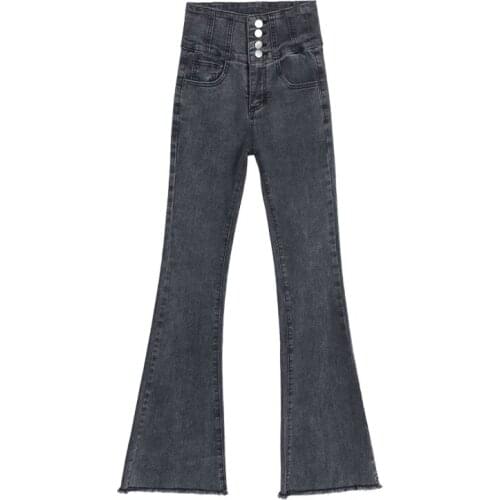 Flared Pants Women Jeans 2020 Autumn New High-waisted Korean Version of Thin Skinny Stretch Plush Edge Trousers