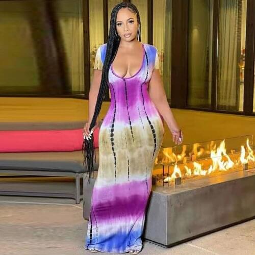 Gradient Tie Dyeing Print Sexy Bodycon Dresses for Women Deep V Neck Short Sleeve Skinny Dress Summer Body-shaping Maxi Dress