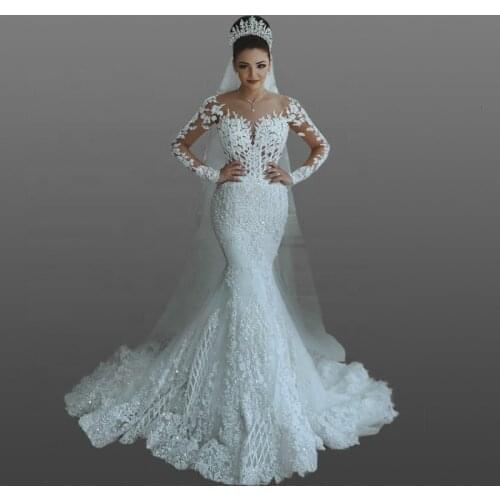 Modest Arabia Saudí Vestido De novia De encaje De boda ilusión De manga larga cuentas De lujo sirena marroquí Vestido De novia