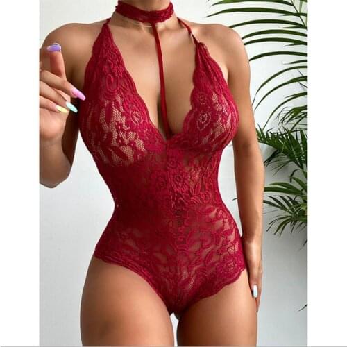 Women Sexy Lingerie Bodysuit Solid Color Lace Sheer Perspective Halter Teddies Ladies Exotic Nightdress Sleepwear Babydoll