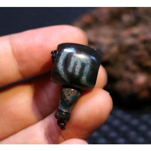 Big Treasure Talisman Tibetan old Agate FULL Cinnabar Dots OM Wishing Words 3 Hole Live Head Dzi bead 4A Timestown