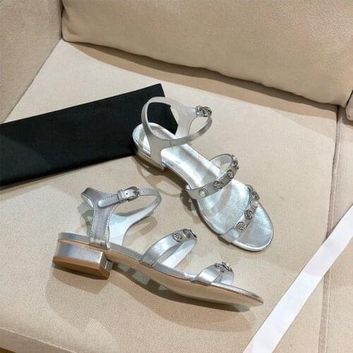 Summer ladies high heels Metal decoration round head thick heel High Quality Genuine Leather Sexy sandals fashion party sandals