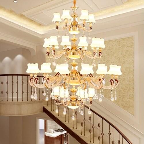 European Double Villa Hall Retro Large Chandeliers Staircase Long Crystal Light Hotel Lobby Luxury Jade Crystal Chandelier Light