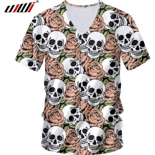 UJWI Red Rose Mens T-shirt 3D Printed A Pile Of Skulls Medium And Long Section Large Size Leisure Man 6XL V Neck Tshirt