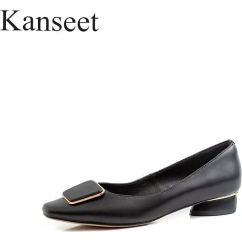 Kanseet New 2021 Spring Autumn Women Pumps Metal Square Buckle Genuine Leather Concise Handmade Fashion Shallow Low Heels Shoes