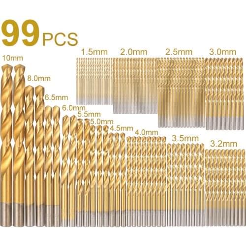 99pcs 1.5-3.2mm HSS Titanium Coated Twist Drill Bit Set 1.5-10mm Twist Drills Bits Kit Titanium Nitrided Twist Drill