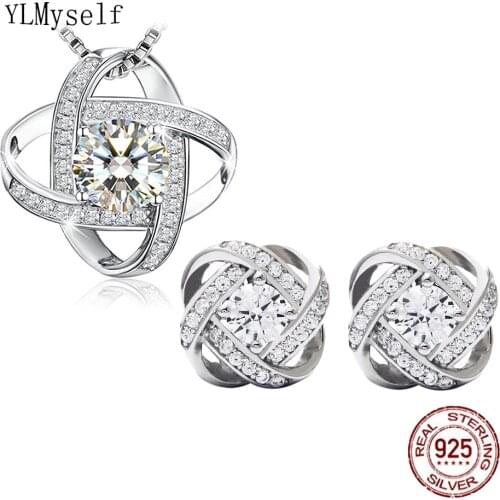 Real 925 Silver Necklace & Earrings Set Setting Shiny Cubic Zircon Luxury 2pcs Jewelry for Women