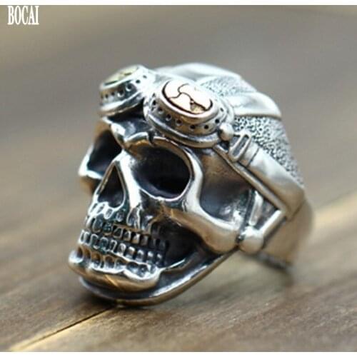 Real s925 pure silver ring for men personality WWII pilot skull ring Thai silver immortal soul death squad ring man silver rings