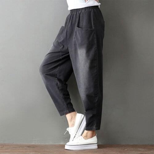 Casual Black Jeans Big Pocket Cotton Denim Harem Pants Plus Size Spring New Arts Style Women Elastic Waist Loose