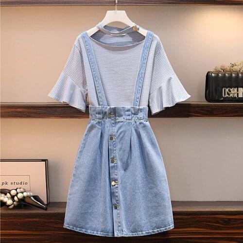 Plus size women street two piece suit denim skirt 2021 summer O neck ruffled T shirt and suspender skirt casual fashion sets big