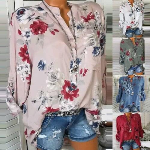 Fashion Womens Sexy V Neck Button Shirt Floral Flower Bohemian Print Pullover Daily Work Blouse Elegant Femal Casual Bottom Top