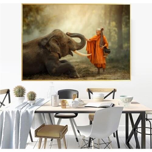 SELFLESSLY HD Thailand Printing Painting Elephant Monk Walking Hiking with Canny Elephant in Forest For Bedroom Home Decor