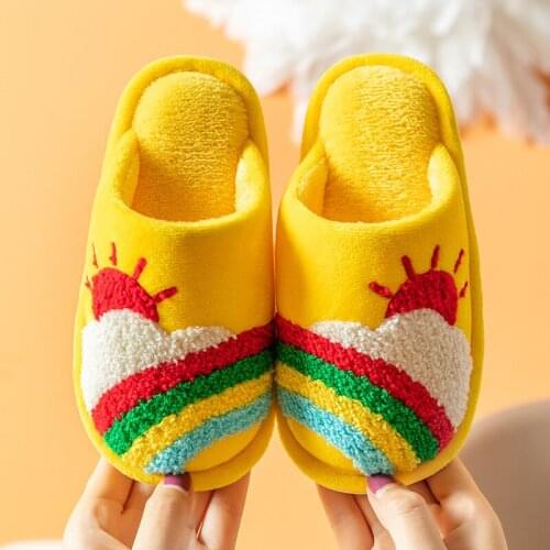 Winter Lovely Slippers For Boys Girls Rainbow Indoor Kids Shoes Soft Warm Plush Girls Slippers Non Slip Children Home Slippers