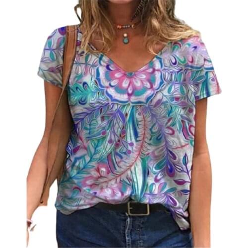 3XL Casual Summer T Shirt 2021 New Women 3D Floral Print Tee Tops Oversized Ladies Streetwear Short Sleeve V-Neck Top Plus Size