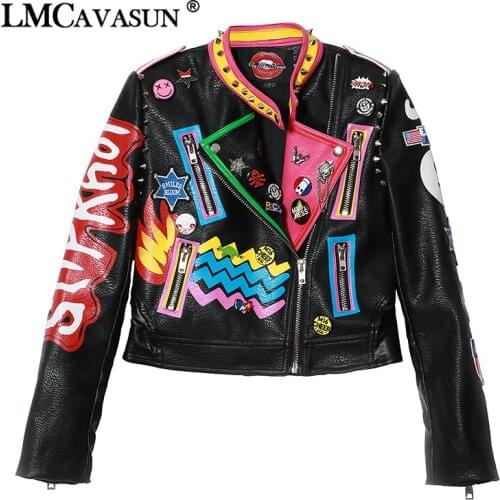 LMCAVASUN Rivet Decoration Jacket for Women 2018 Autumn Outerwear Black PU Leather Jackets and Coats Appliques Short Jacket