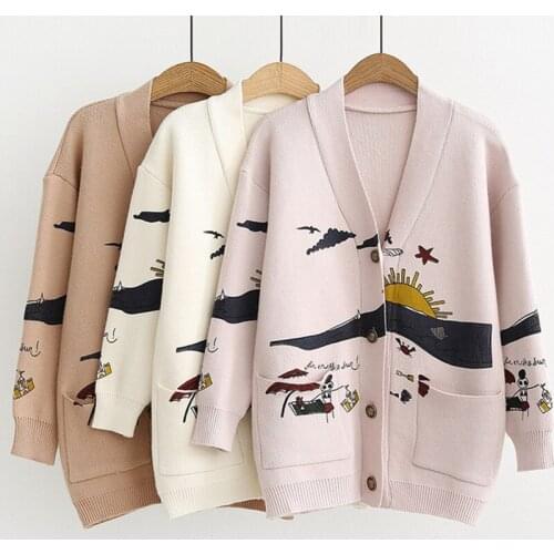 Cartoon Print Knitted Women Sweater Cardigan Jacket 2021 Casual Cute V-Neck Single Breasted Pockets Long Sleeve Outerwear Female