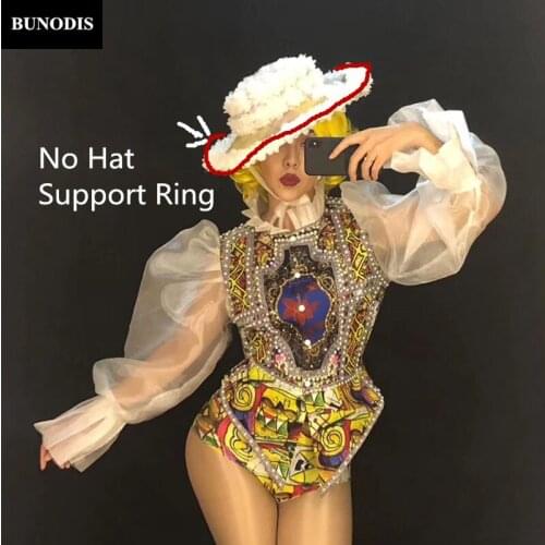 ZD430 Women Sexy Bodysuit White Hat(No Support Ring) Sparkling Crystals Nightclub Party Stage Wear Singer Dancer Bling Costumes