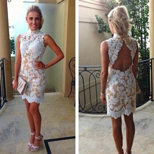 2020 Vintage Lace Cocktail Dresses High Collar Champagne Lining Short Party Backless Appliques Gowns Summer Robe De Soiree