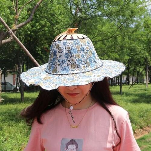 2 in 1 Bamboo Folding Fan Hat for Women Girl Hand Held Folding Fan Traveling Cap Summer Hat Bamboo Dancing Fan Traveling