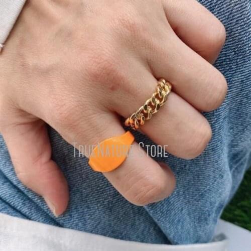 5Pcs RM39143 Adjustable Copper Jewelry Gold Jewelry Oval Copper Chain Ring Gold Plated Enamel Chain Shape Oval Shape Ring