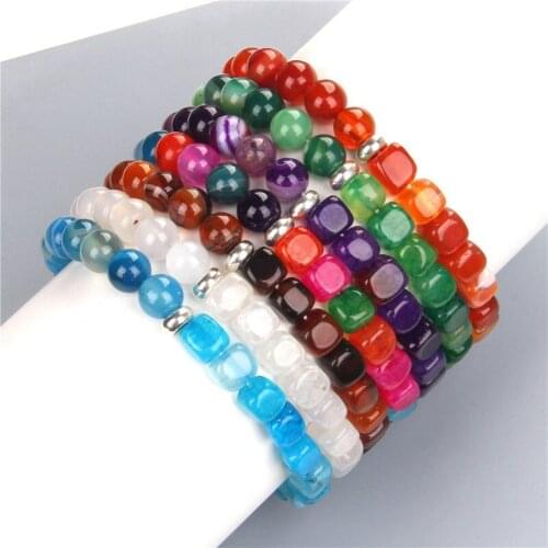 New Fashion Designer Men Women Natural Agates Stone Bead Bracelet 8mm Round Square Beaded Strand Bracelet For Lover Friends Gift
