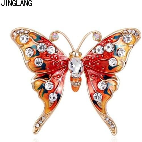 JINGLANG Gold Color Animal Metal Brooches Pins Color Enamel Rhinestone Butterfly Brooches For Women Wedding Decoration Jewelry