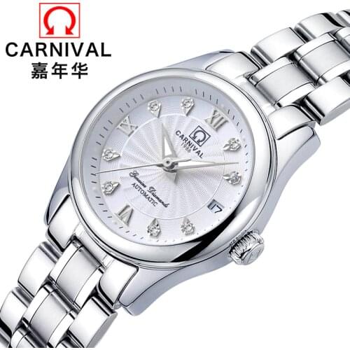CARNIVAL Fashion Automatic Watch Women Calendar Top brand Women watches Luminous Waterproof Sapphire Full Steel Relogio femenino