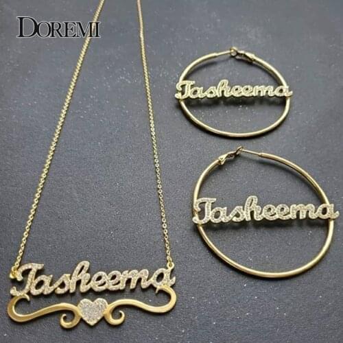 DOREMI 70mm Custom Crysatal Nameplate Earring Necklace Heart Personalized Name Hoop Earring Custom Earrings for Christmas Gift
